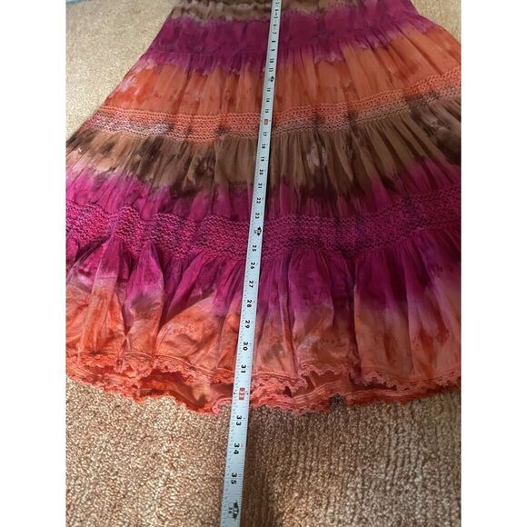 Boho Crinkle Skirt Pink Orange Brown Tiered Crochet Hem Lined - Picture 4 of 5